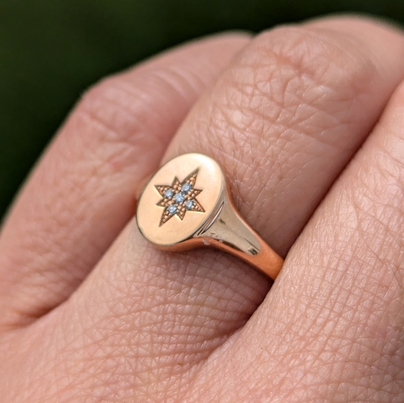 14 Karat Gold with Natural Micro Pave Diamond Signet Ring - Picture 4 of 5